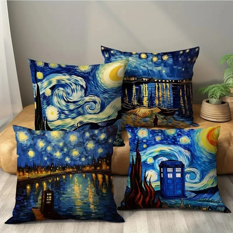 Комплект 4 калъфки за възглавници, Закопчаване с цип, Различни мотиви Van Gogh's Starry Night , 45х45 см