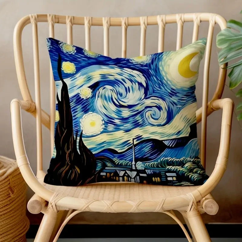 Комплект 4 калъфки за възглавници, Закопчаване с цип, Различни мотиви Van Gogh's Starry Night , 45х45 см