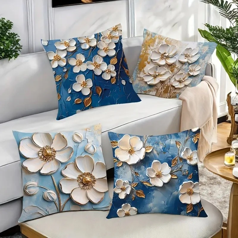 Комплект 4 калъфки за възглавници, Закопчаване с цип, Различни мотиви, Flowеrs white, 45х45 см