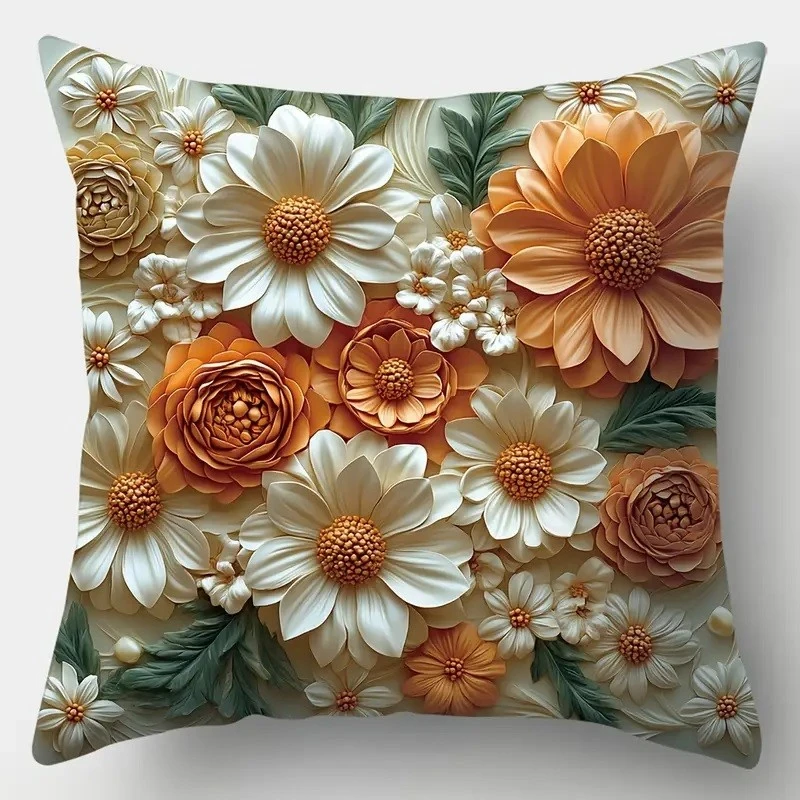 Комплект 4 калъфки за възглавници, Закопчаване с цип, Различни мотиви, Flowеrs Orange, 45х45 см