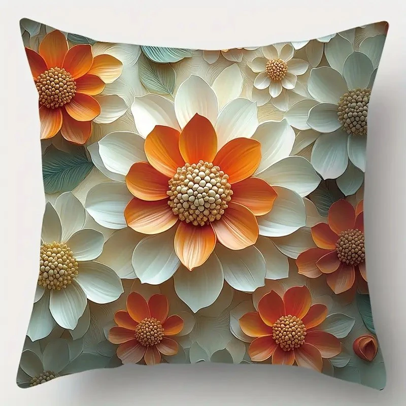 Комплект 4 калъфки за възглавници, Закопчаване с цип, Различни мотиви, Flowеrs Orange, 45х45 см