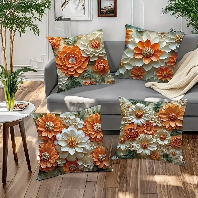 Комплект 4 калъфки за възглавници, Закопчаване с цип, Различни мотиви, Flowеrs Orange, 45х45 см