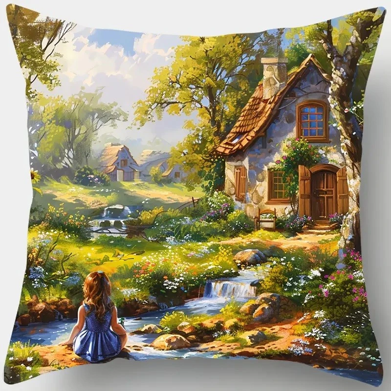 Комплект 4 калъфки за възглавници, Закопчаване с цип, Различни мотиви, Old Houses, 45х45 см