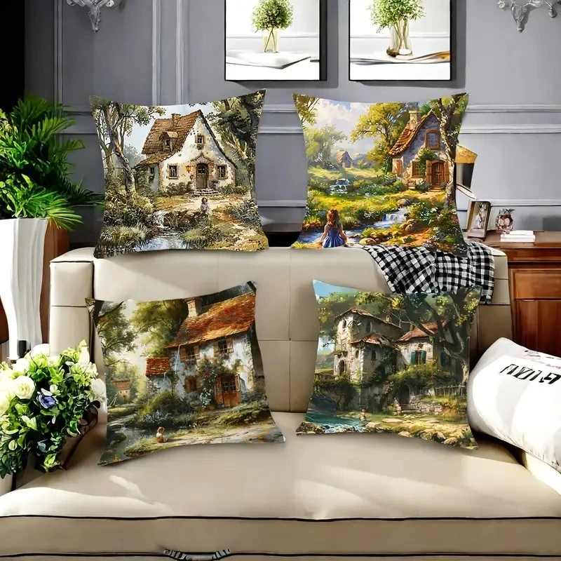 Комплект 4 калъфки за възглавници, Закопчаване с цип, Различни мотиви, Old Houses, 45х45 см