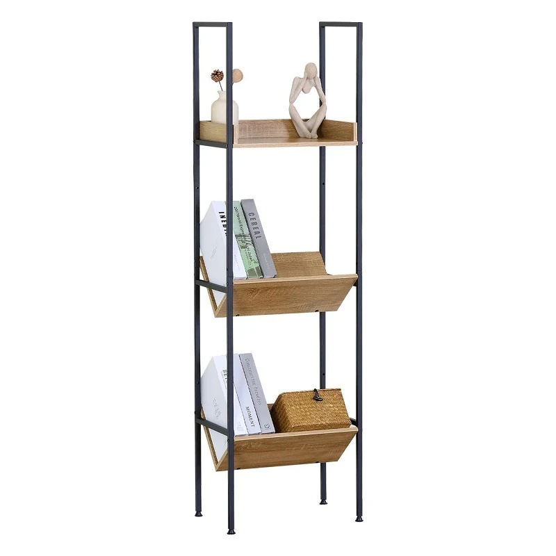 Поставка за книги - метална етажерка с 3 дъбови рафта, 40×27×150 см