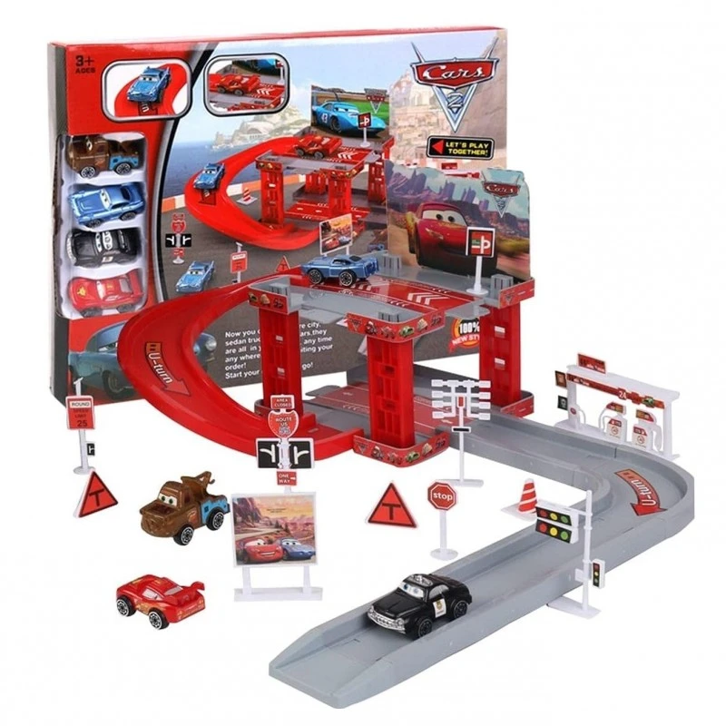 Детски комплект Паркинг Cars, Пистов бокс с 4 колички, 37 х 5 х 27см., 3+ години