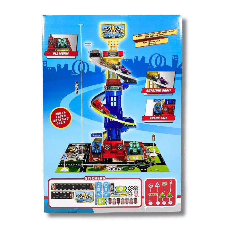 Детски комплект Паркинг-Кула, 3 нива, 3 метални колички, 37 х 9 х 53 см, 3+ години