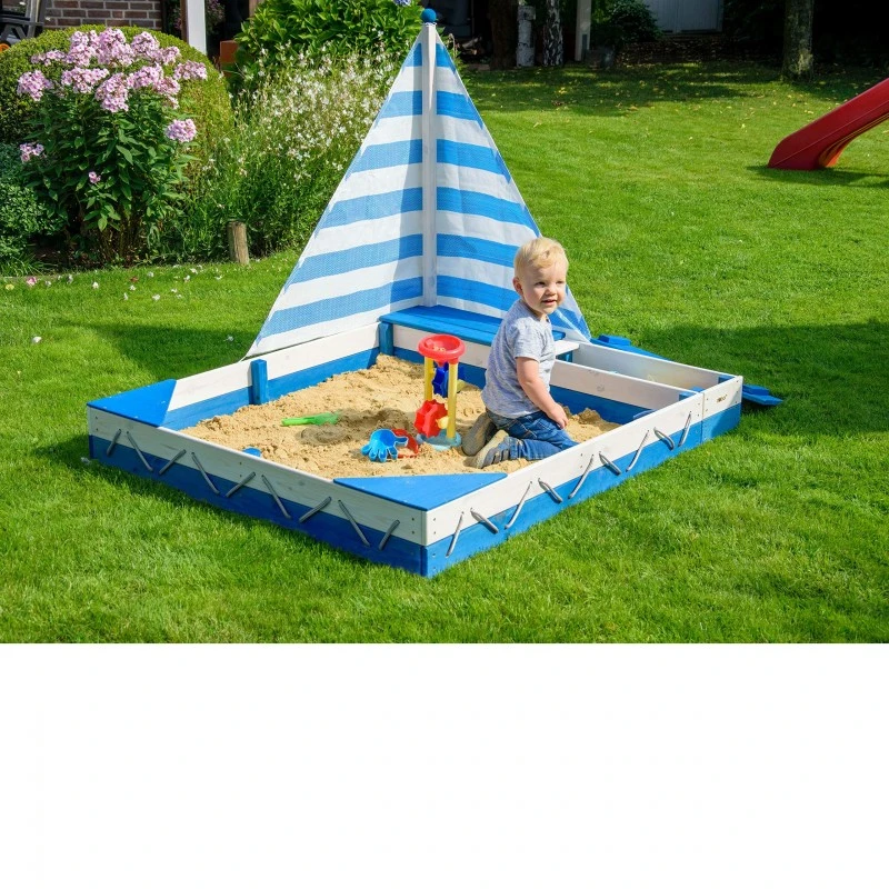 Пясъчник- кораб с 2 кутии за играчки, Дърво, Син/Бял