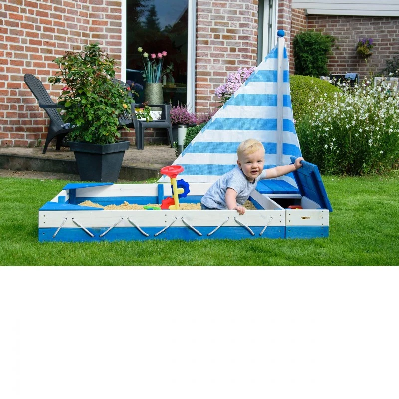 Пясъчник- кораб с 2 кутии за играчки, Дърво, Син/Бял