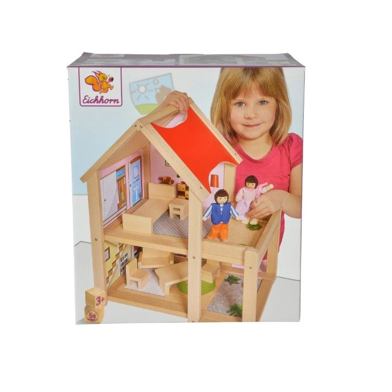 Дървена къща Eichhorn, Обзаведена с мебели и 2 кукли, 22.5x36x41см., 3+ години