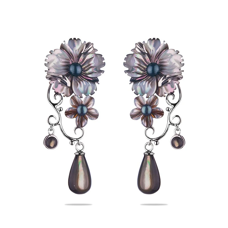 Обеци Swan Pearls BLUMENE Цвете Пинктада, Сребро 925, Скъпоценни камъни