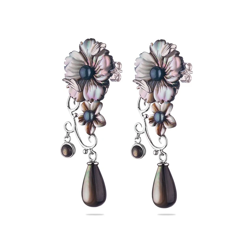 Обеци Swan Pearls BLUMENE Цвете Пинктада, Сребро 925, Скъпоценни камъни