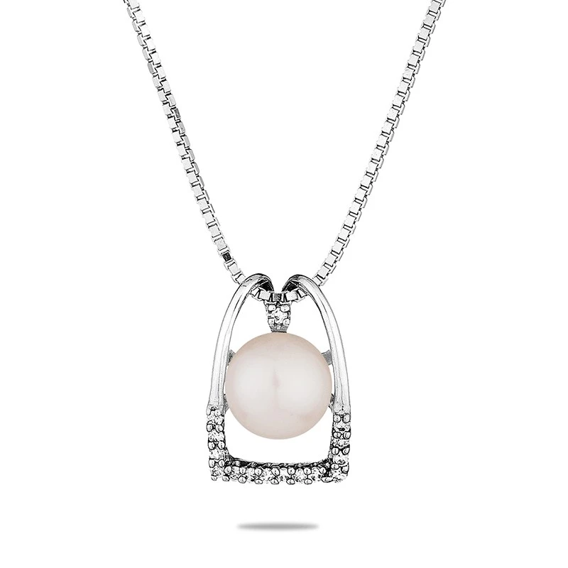 Колие Swan Pearls CAA033, Бяла Перла и Цирконий, Сребро