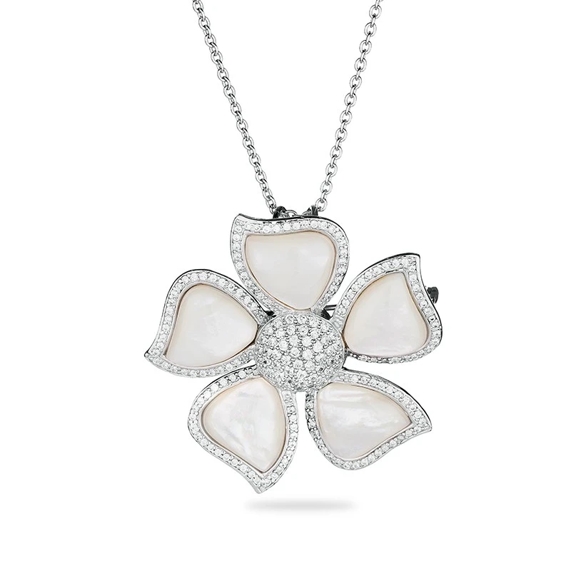 Комплект Колие и Брошка Swan Perls FLOWERNW, Сребро Цвете От Седеф и Цирконий, Сребро