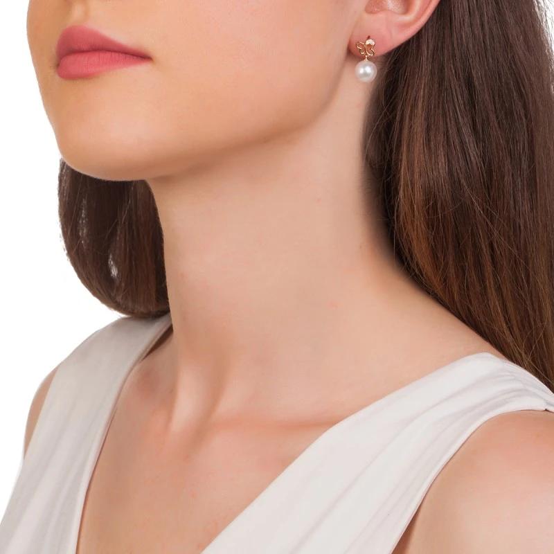 Обеци Swan Pearls FJ004E Бели Перли, Диаманти, Злато 14К
