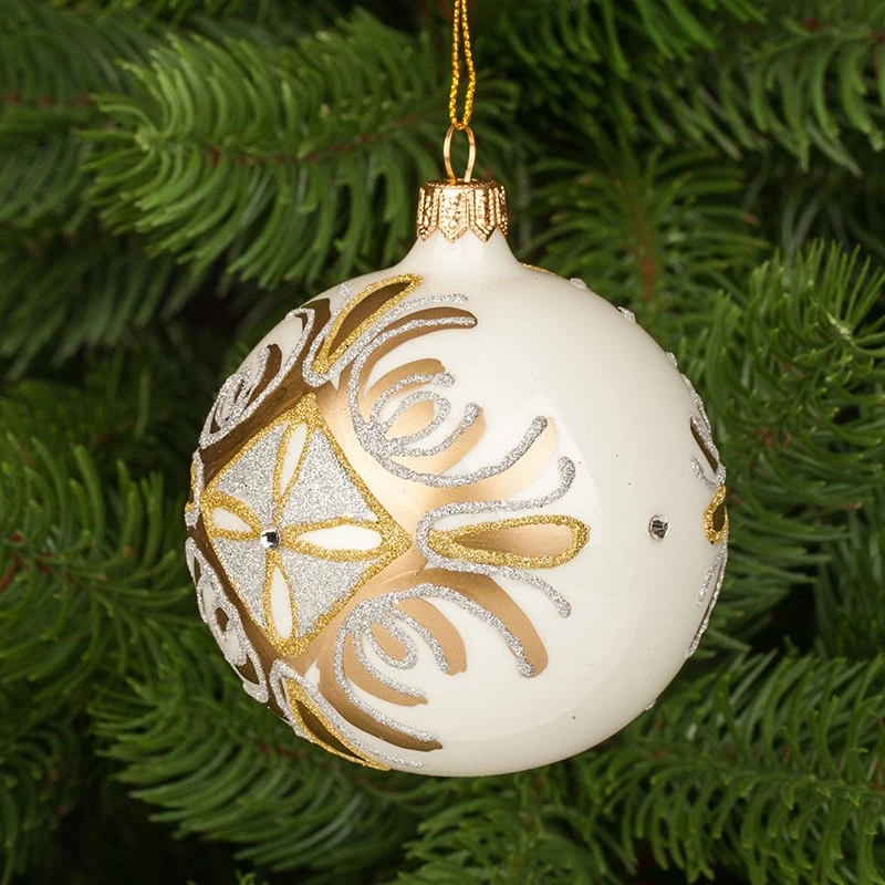 Коледна топка Димс-92 RM02501S, Стъкло, Бяла/Златиста