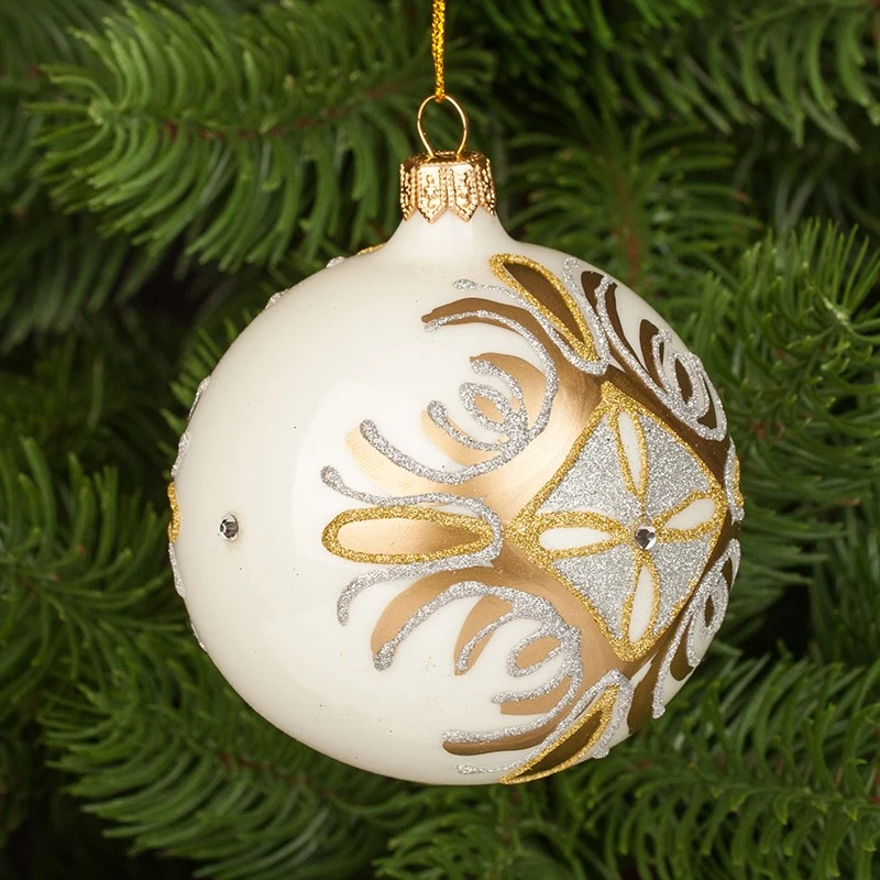 Коледна топка Димс-92 RM02501S, Стъкло, Бяла/Златиста