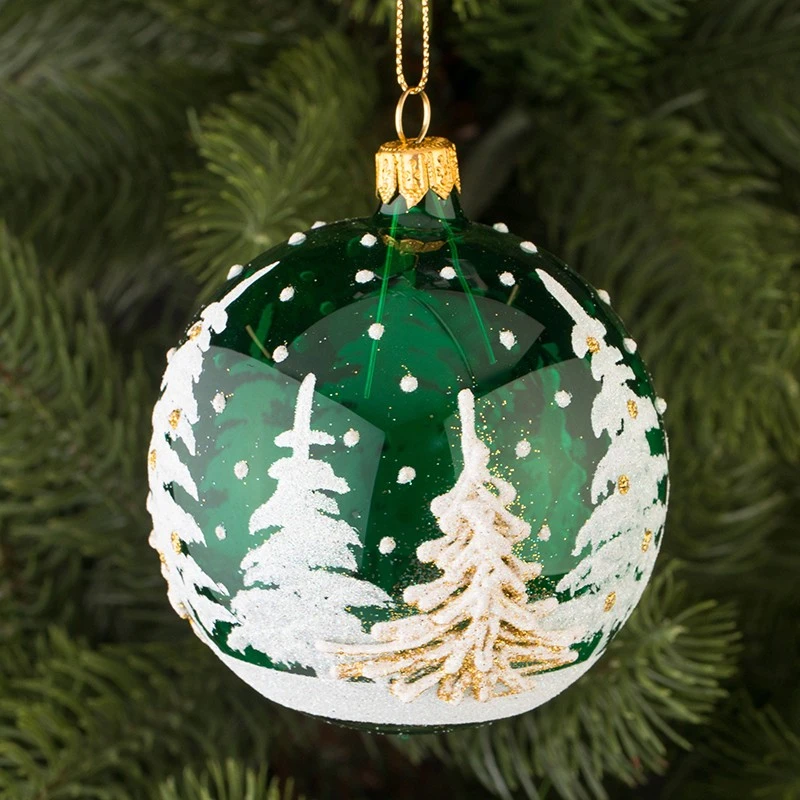 Коледна топка Димс-92, Стъклена, Зелена, Бели и златни елхи