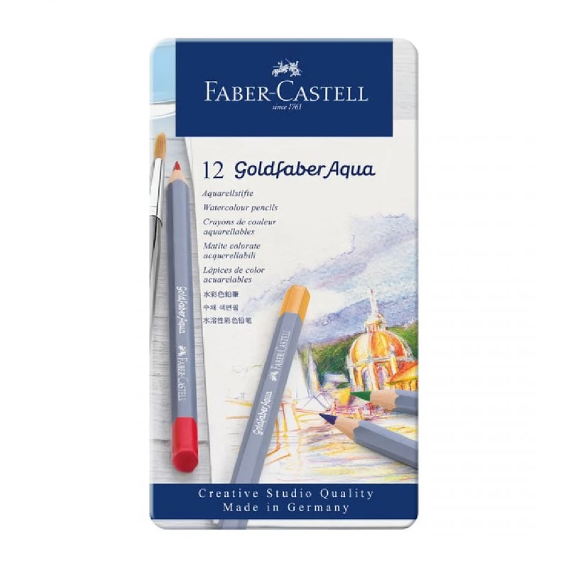 Faber-Castell Акварелни моливи Goldfaber Aqua, 12 цвята, в метална кутия