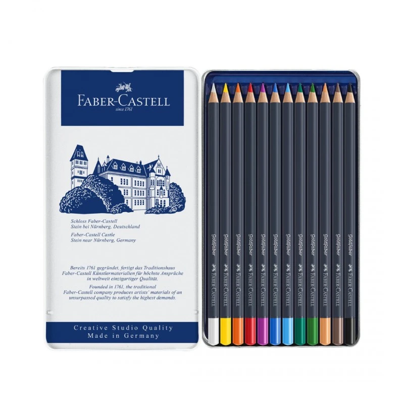 Faber-Castell Цветни моливи Goldfaber, 12 цвята, в метална кутия