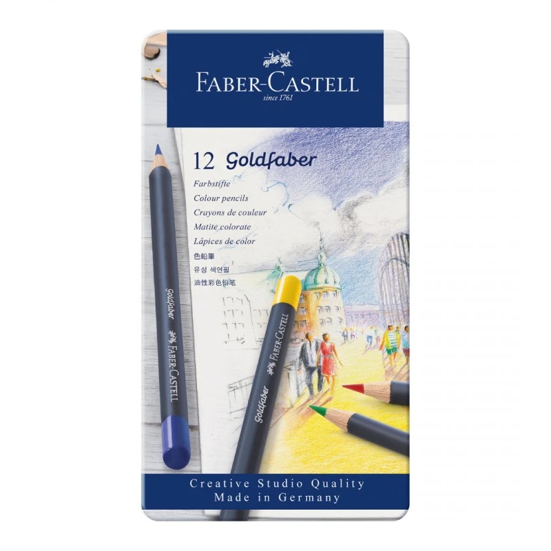 Faber-Castell Цветни моливи Goldfaber, 12 цвята, в метална кутия