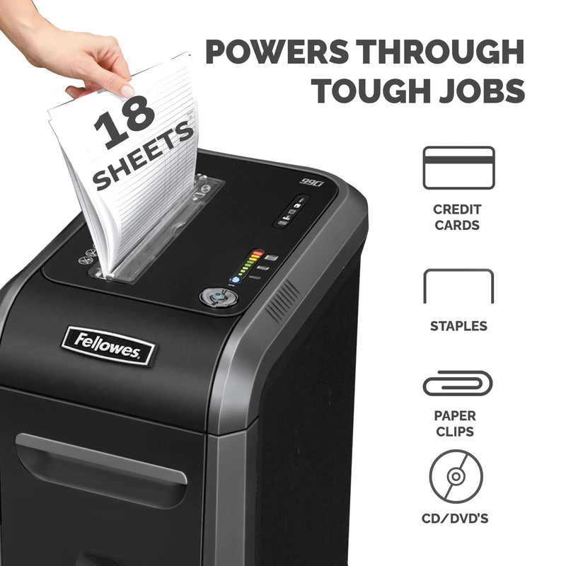 Шредер за унищожаване на документи Fellowes Powershred 99Ci, 100% Jam Proof, Cross-Cut, 34 L, P-4