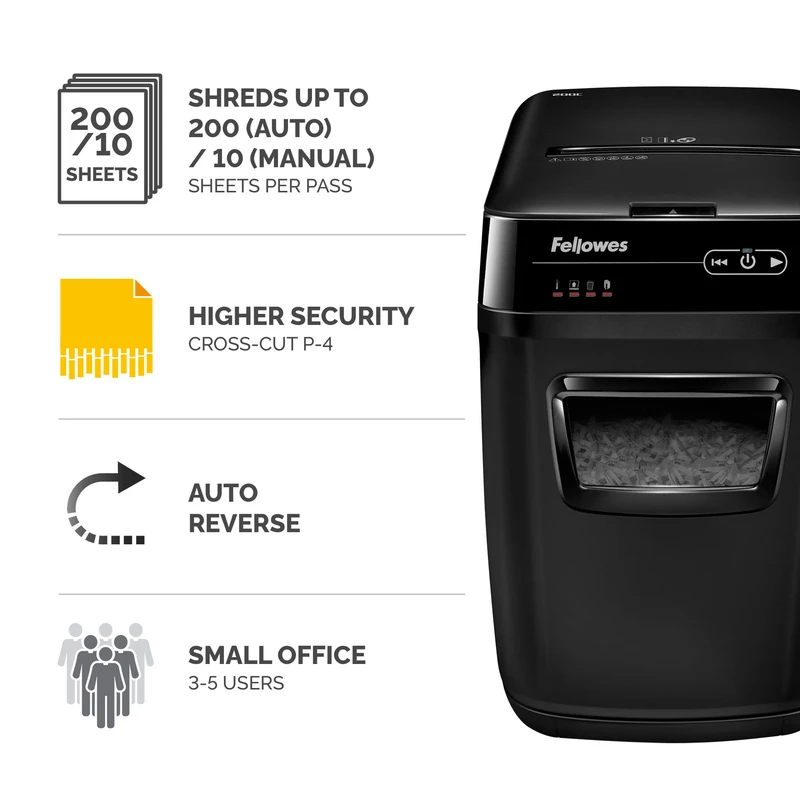 Шредер за унищожаване на документи Fellowes Automax 200C, Cross-Cut, P-4, обем на коша 32 L, за 1-3 потребители