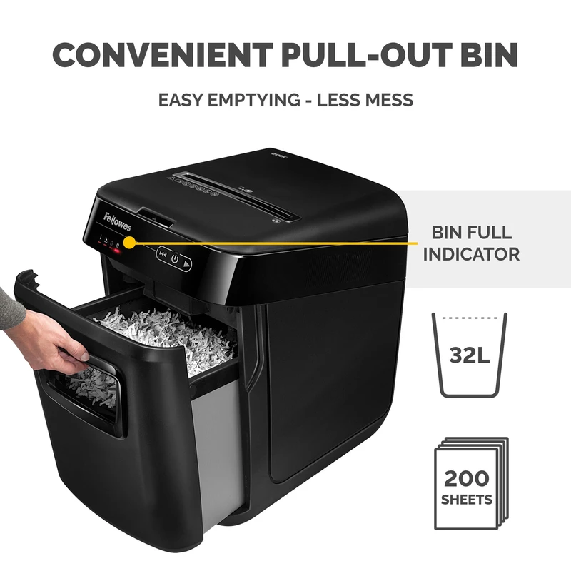 Шредер за унищожаване на документи Fellowes Automax 200C, Cross-Cut, P-4, обем на коша 32 L, за 1-3 потребители