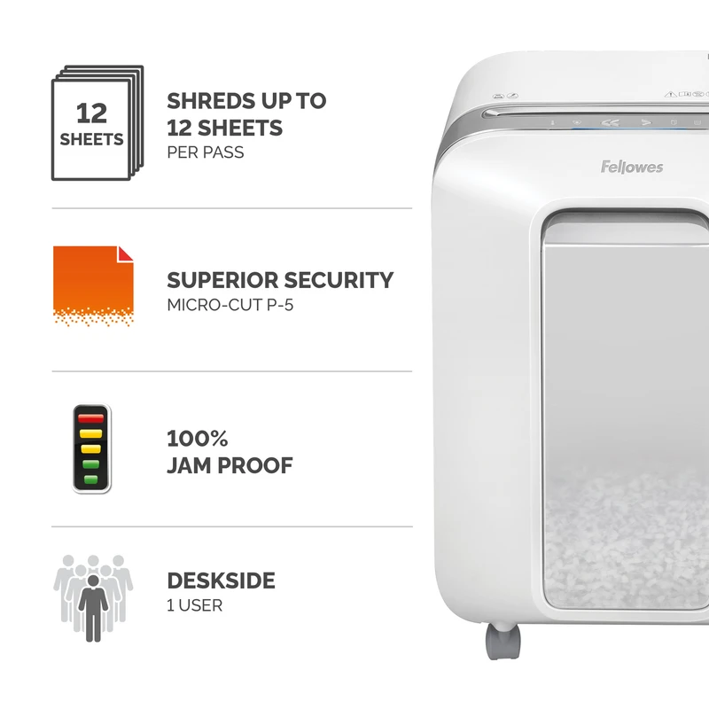 Шредер за унищожаване на документи Fellowes Powershred LX201, Microcut, 22 L, бял, P-5, Micro-Cut