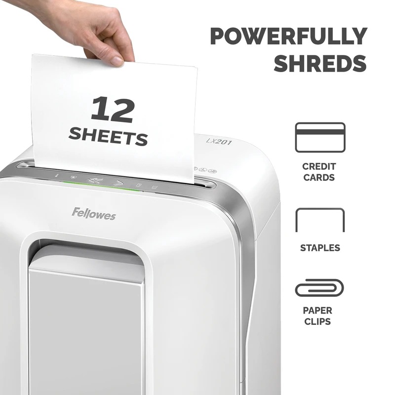 Шредер за унищожаване на документи Fellowes Powershred LX201, Microcut, 22 L, бял, P-5, Micro-Cut