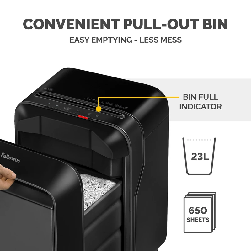 Шредер за унищожаване на документи Fellowes LX211, Micro-Cut, 23 L, черен, P-5, за 1-3 потребители