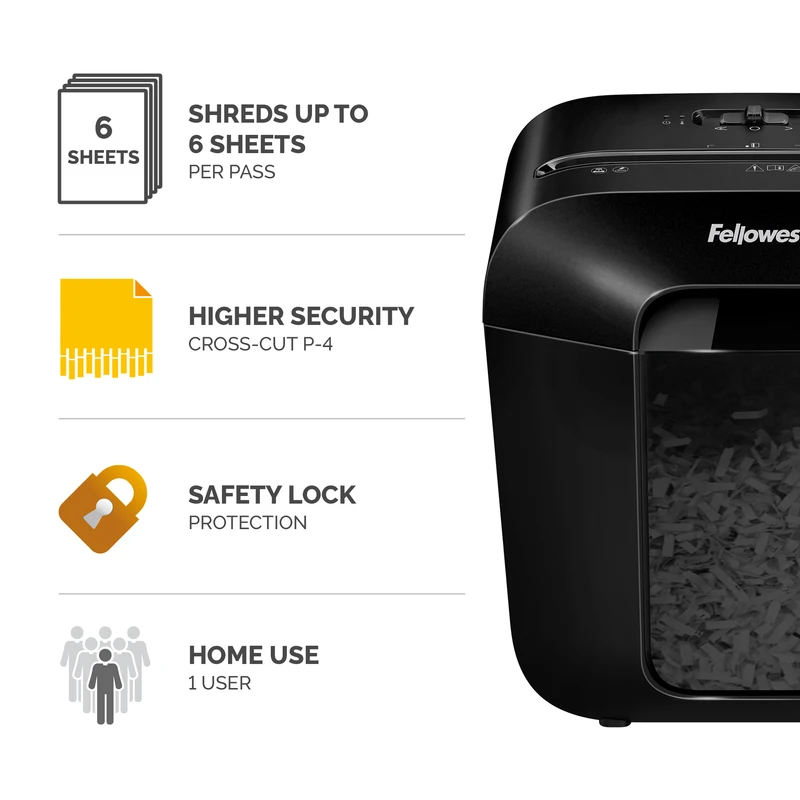 Шредер за унищожаване на документи Fellowes Powershred LX25, P-4, Cross-Cut, черен, обем на коша 11 L