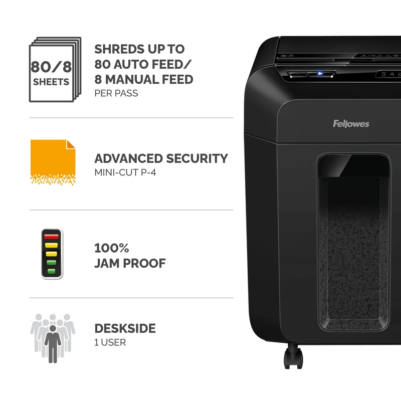 Шредер за унищожаване на документи Fellowes Automax 80M, Soho, Mini-Cut, P-4, 17 L, черен
