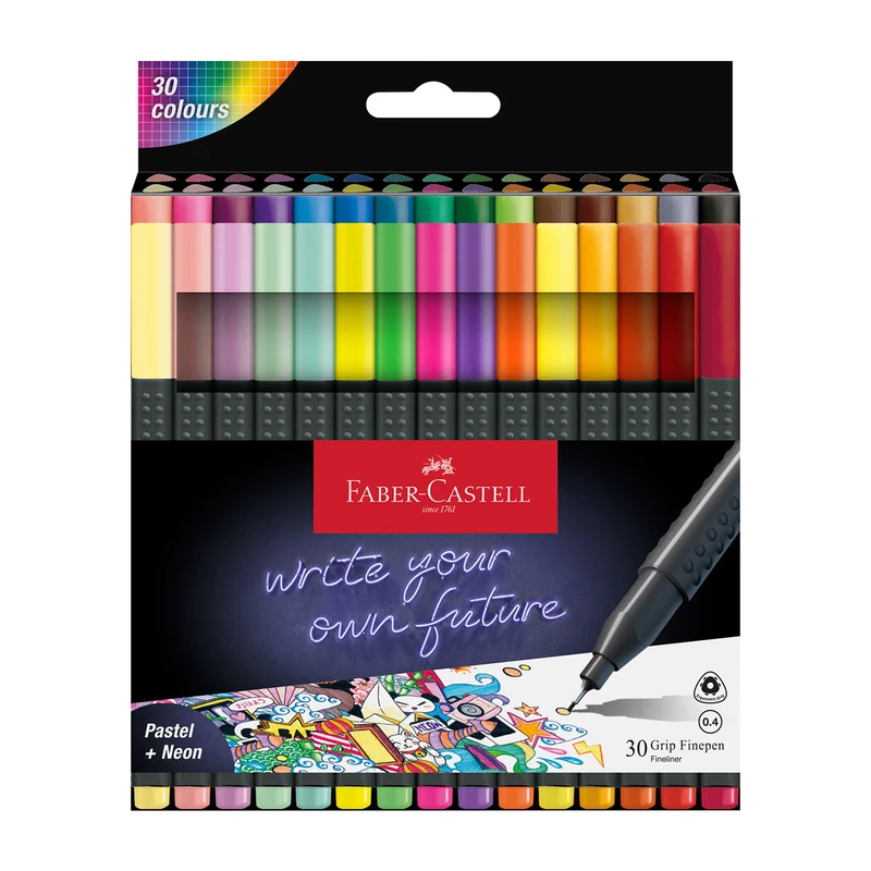 Тънкописец Faber-Castell Grip, 0.4 mm, пастелни и неонови, 30 цвята