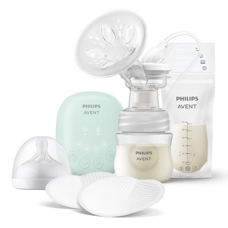 Philips Avent К-КТ: Ел. помпа Essential 4+4 функции, 1 шише NR 125 мл, 5 торбички за кърма, 4 подплънки