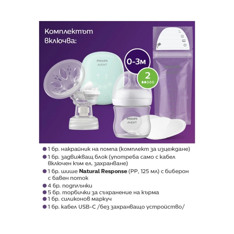 Philips Avent К-КТ: Ел. помпа Essential 4+4 функции, 1 шише NR 125 мл, 5 торбички за кърма, 4 подплънки