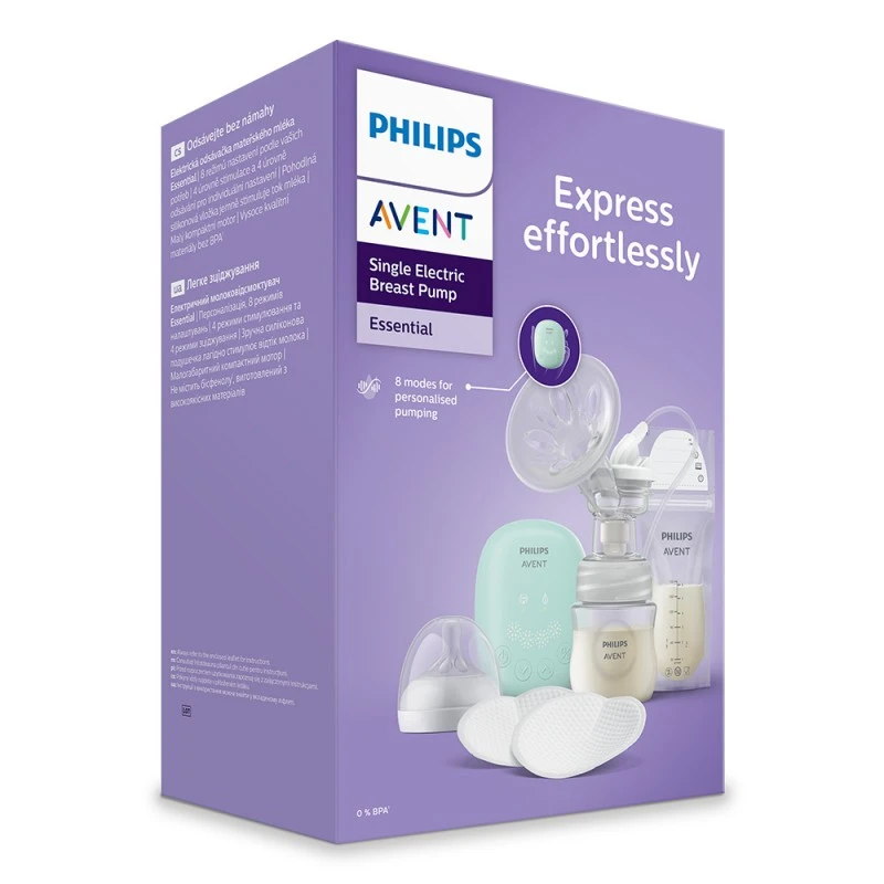 Philips Avent К-КТ: Ел. помпа Essential 4+4 функции, 1 шише NR 125 мл, 5 торбички за кърма, 4 подплънки