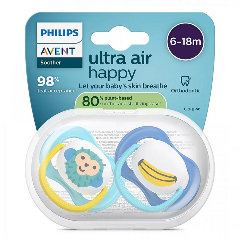 Philips Avent ЗАЛЪГАЛКИ - ULTRA AIR + стерил. кутия (6-18м) банан/маймунка, син