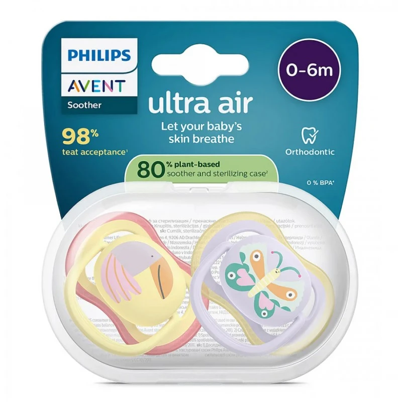 Philips Avent ЗАЛЪГАЛКИ - ULTRA AIR + стерил. кутия (0-6м) пеперуда/птица, розов