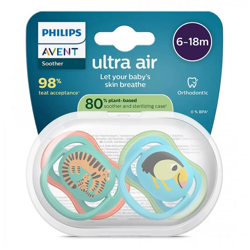 Philips Avent ЗАЛЪГАЛКИ - ULTRA AIR + стерил. кутия (6-18м) тукан/тигър, син
