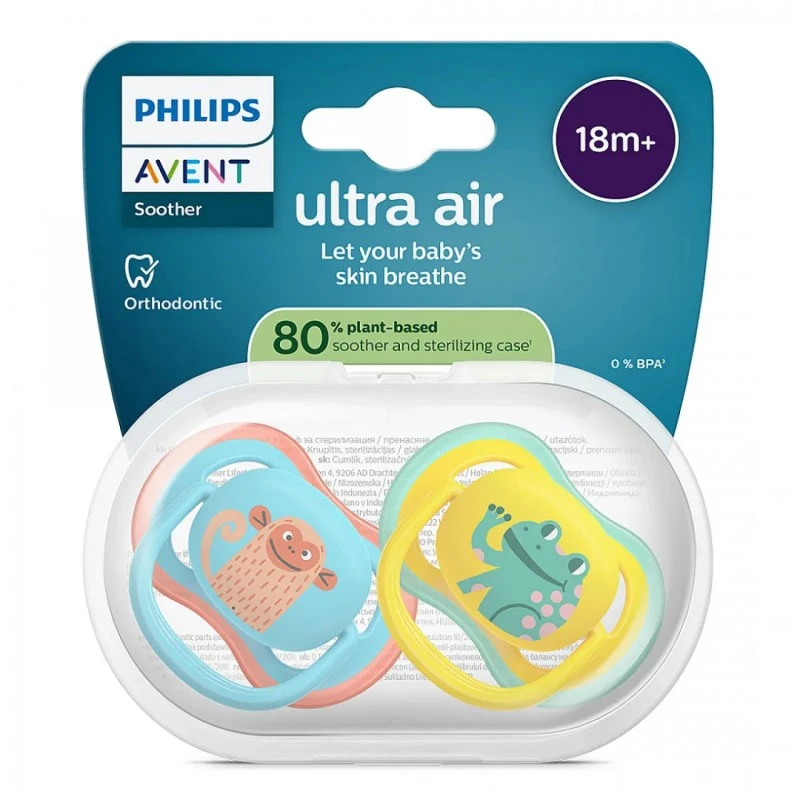 Philips Avent ЗАЛЪГАЛКИ - ULTRA AIR + стерил. кутия (18+м) маймунка/жаба, син/жълт