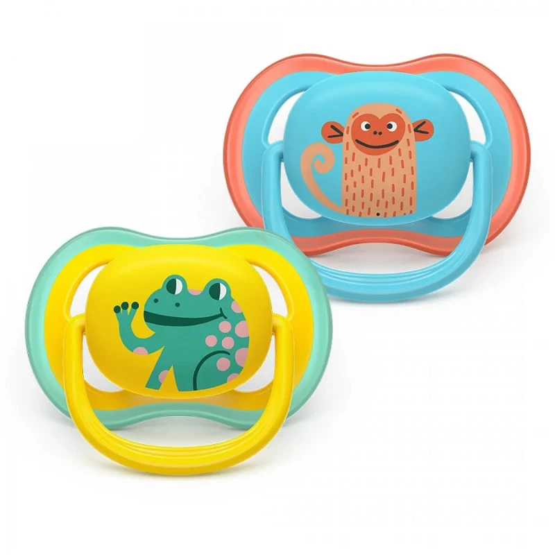 Philips Avent ЗАЛЪГАЛКИ - ULTRA AIR + стерил. кутия (18+м) маймунка/жаба, син/жълт