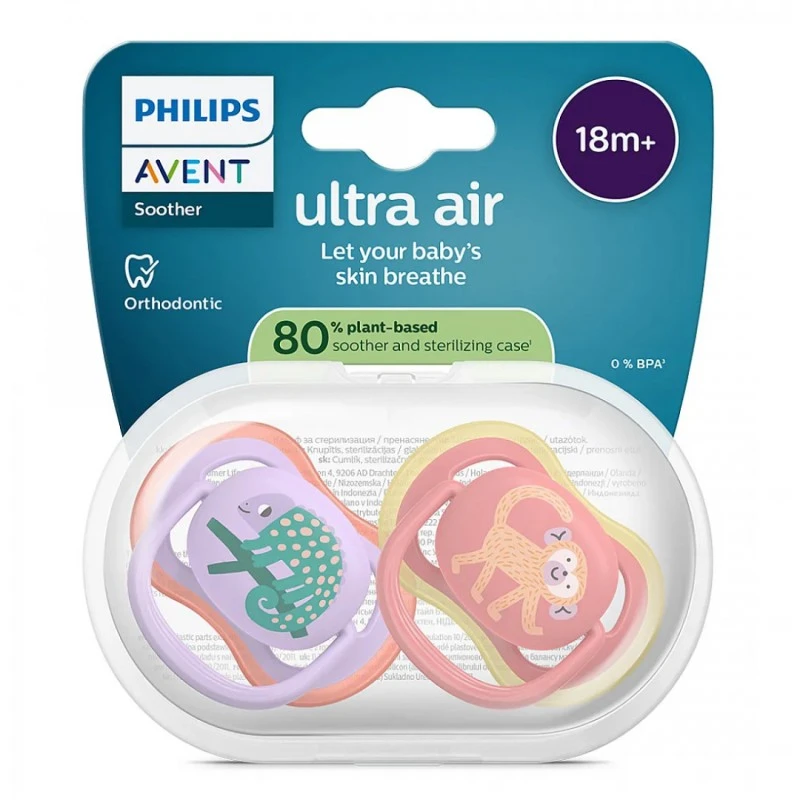 Philips Avent ЗАЛЪГАЛКИ - ULTRA AIR + стерил. кутия (18+м) хамелеон/маймунка, лилав/оранж