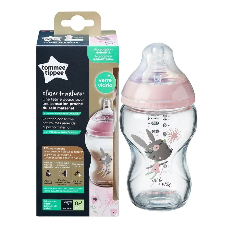 Стъклено шише за хранене Easi-Vent 0м+, 250 мл, розово с декор