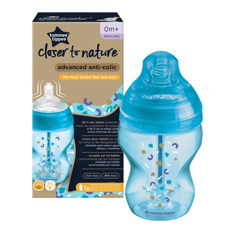 Шише за хранене Advanced Anti-Colic 0м+, 260 мл, Синьо с декорация