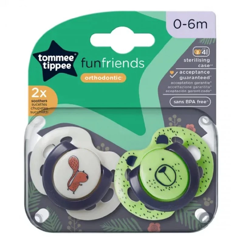 Залъгалки FUN FRIENDS, 0-6м, 2 бр./оп., зелен мече/бял катерица