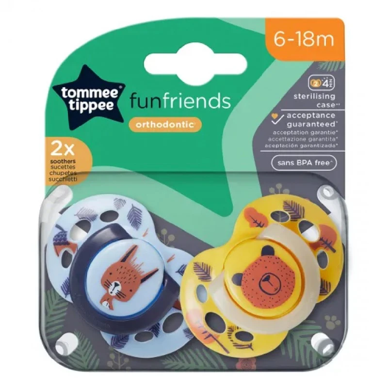 Залъгалки FUN FRIENDS, 6-18м, 2 бр./оп., жълт мече/син катерица