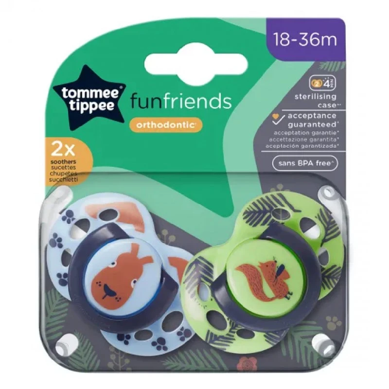 Залъгалки FUN FRIENDS, 18-36м, 2 бр./оп., син заек/зелен катерица