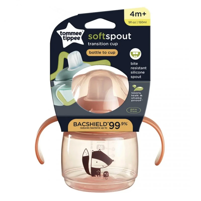 Неразливаща се чаша с мек накрайник и дръжки Tommee Tippee SoftSpout, BACSHIELD, 150 мл, 4м+, розов/лисиче