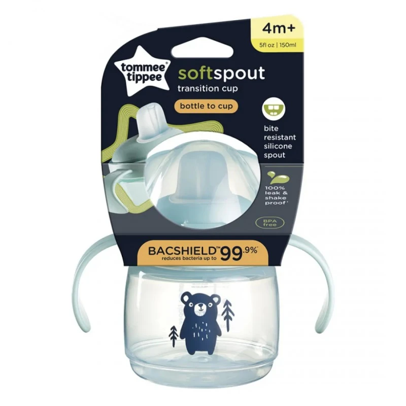 Неразливаща се чаша с мек накрайник и дръжки Tommee Tippee SoftSpout, BACSHIELD, 150 мл, 4м+, син/мече